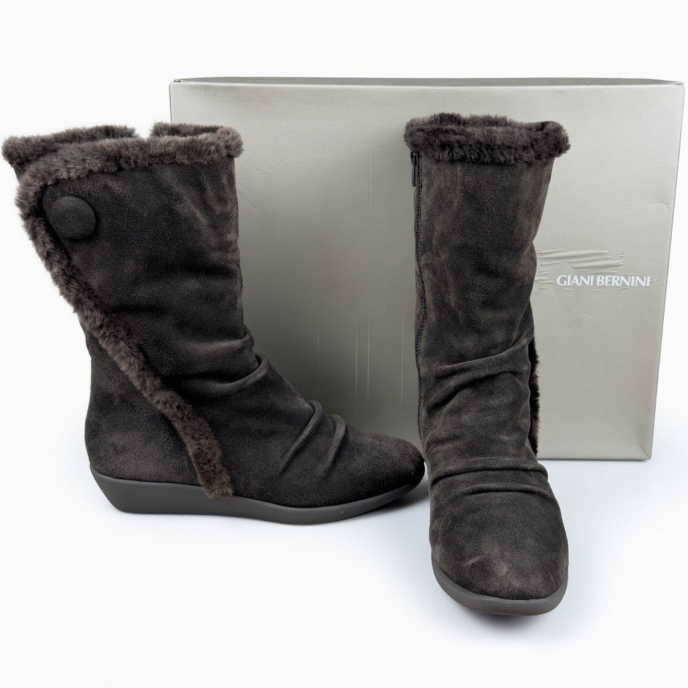 Giani Bernini Women's 6.5M Sicilia Brown Leather Suede Faux Fur Trim Wedge Boots